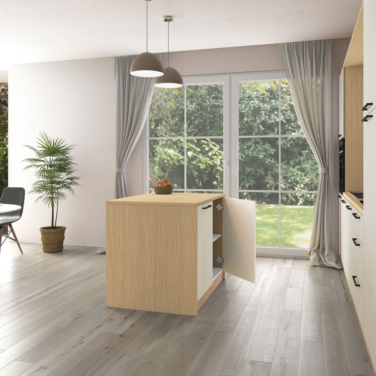 Isola da Cucina Marrone Rovere Beige Cashmere un Ripiano 2 Vani 115x80x90h cm, 2 Ante Made in Italy - Manotere