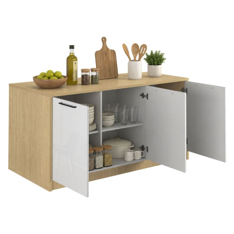 Isola da Cucina Marrone Rovere Bianco Lucido 2 Ripiani 4 Vani 170x80x90h cm, 3 Ante Made in Italy - Mapalesi