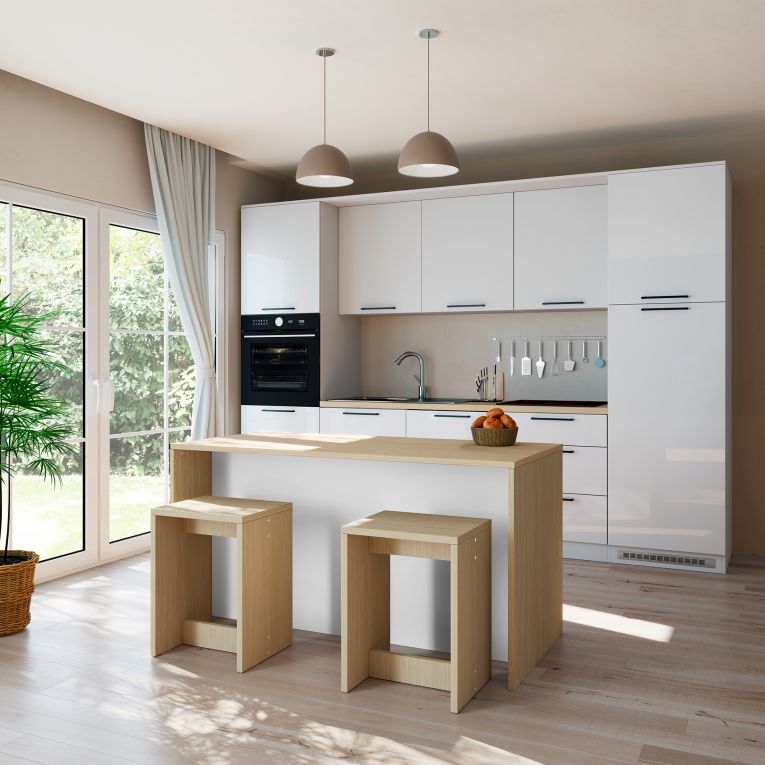 Isola da Cucina Marrone Rovere Bianco Lucido 2 Ripiani 4 Vani 170x80x90h cm, 3 Ante Made in Italy - Mapalesi