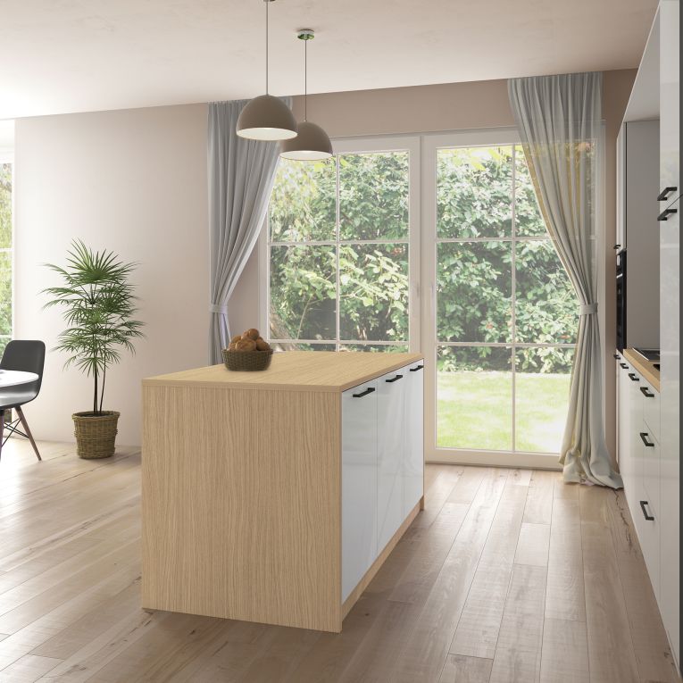 Isola da Cucina Marrone Rovere Bianco Lucido 2 Ripiani 4 Vani 170x80x90h cm, 3 Ante Made in Italy - Mapalesi