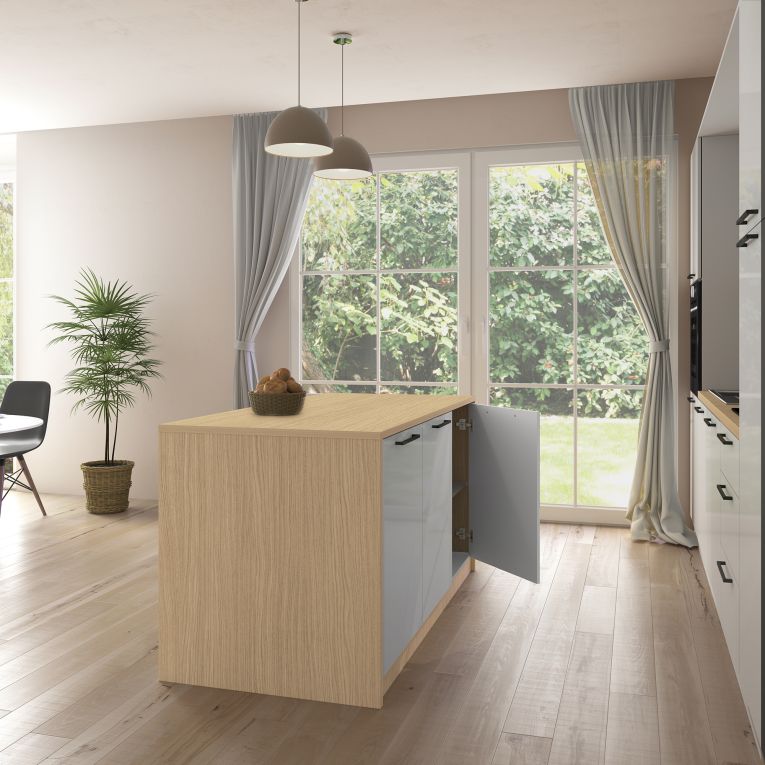 Isola da Cucina Marrone Rovere Bianco Lucido 2 Ripiani 4 Vani 170x80x90h cm, 3 Ante Made in Italy - Mapalesi