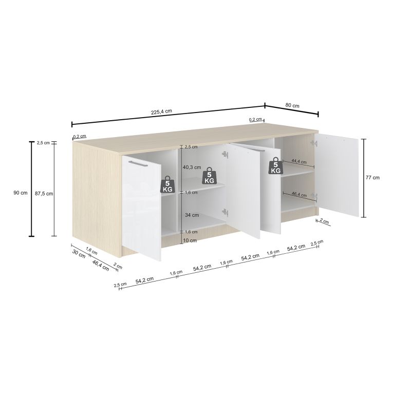 Isola da Cucina Marrone Rovere Bianco Lucido 2 Ripiani 4 Vani 225x80x90h cm, 4 Ante Made in Italy - Mapana