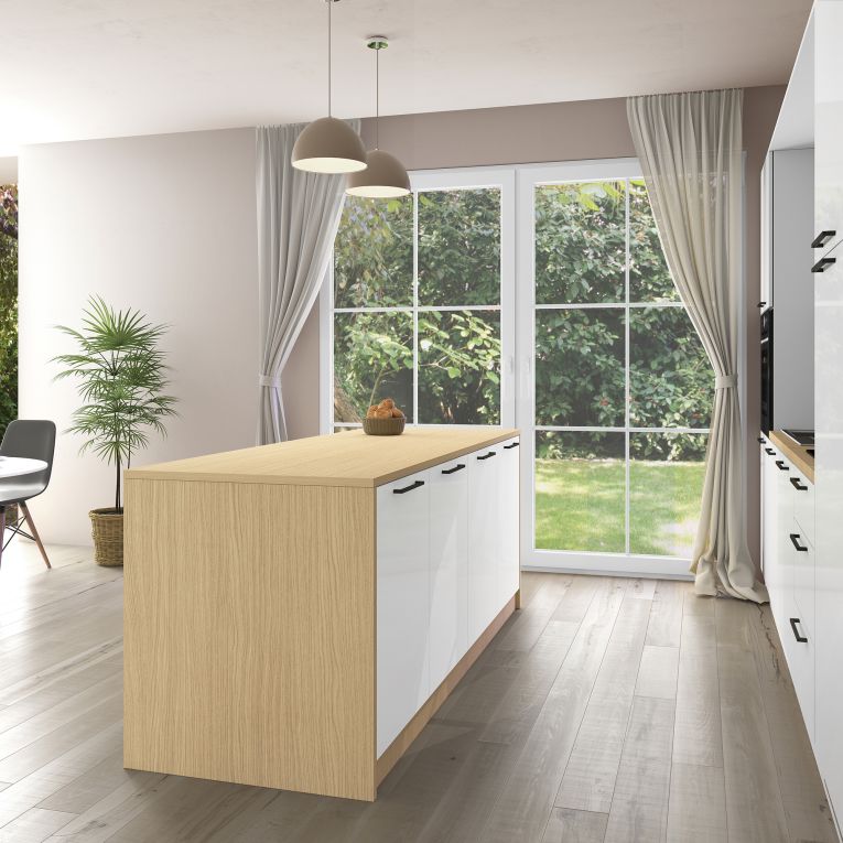 Isola da Cucina Marrone Rovere Bianco Lucido 2 Ripiani 4 Vani 225x80x90h cm, 4 Ante Made in Italy - Mapana