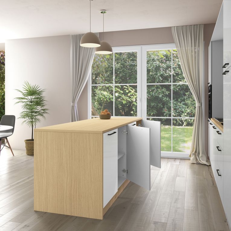 Isola da Cucina Marrone Rovere Bianco Lucido 2 Ripiani 4 Vani 225x80x90h cm, 4 Ante Made in Italy - Mapana