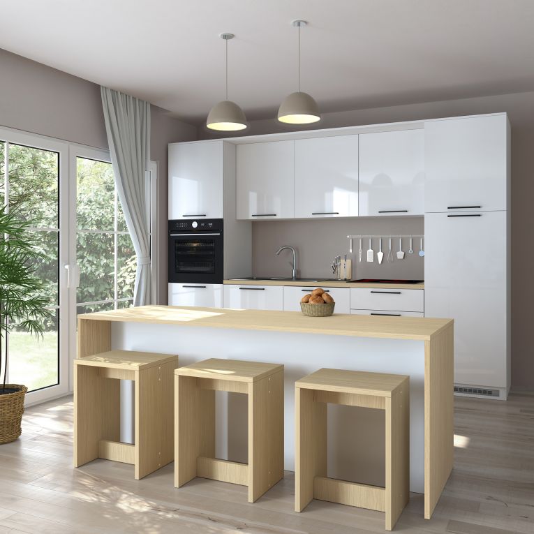 Isola da Cucina Marrone Rovere Bianco Lucido 2 Ripiani 4 Vani 225x80x90h cm, 4 Ante Made in Italy - Mapana
