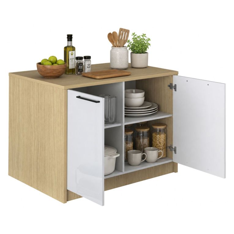 Isola da Cucina Marrone Rovere Bianco Lucido un Ripiano 2 Vani 115x80x90h cm, 2 Ante Made in Italy - Manotere