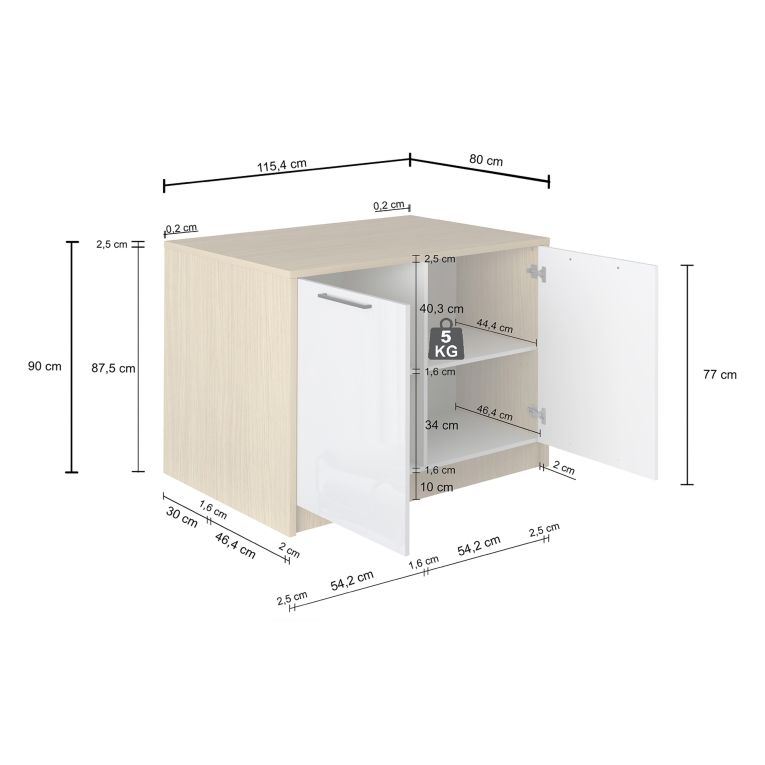 Isola da Cucina Marrone Rovere Bianco Lucido un Ripiano 2 Vani 115x80x90h cm, 2 Ante Made in Italy - Manotere