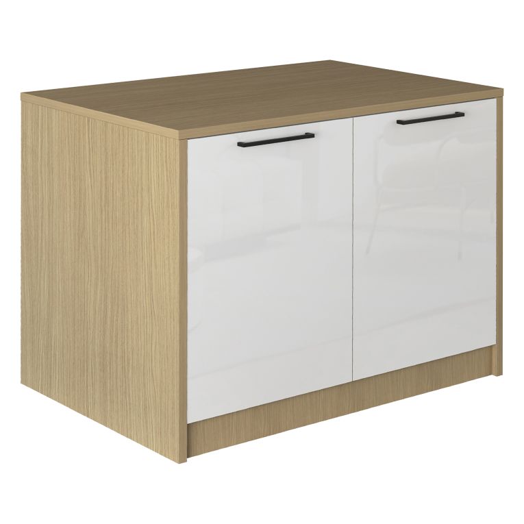 Isola da Cucina Marrone Rovere Bianco Lucido un Ripiano 2 Vani 115x80x90h cm, 2 Ante Made in Italy - Manotere