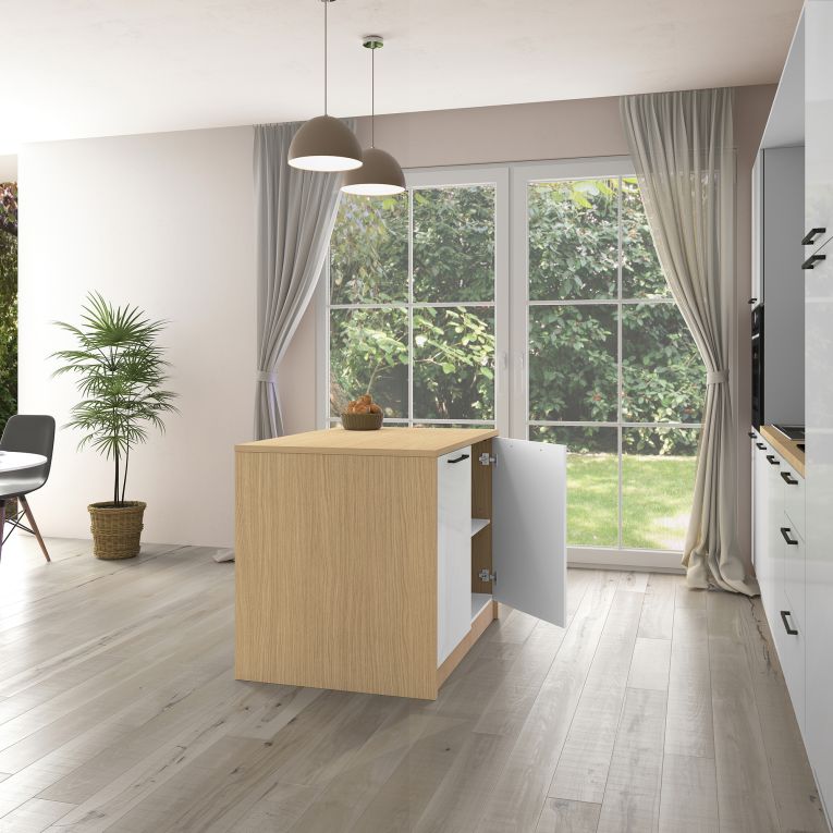 Isola da Cucina Marrone Rovere Bianco Lucido un Ripiano 2 Vani 115x80x90h cm, 2 Ante Made in Italy - Manotere