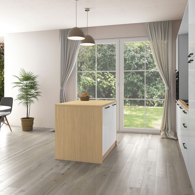 Isola da Cucina Marrone Rovere Bianco Lucido un Ripiano 2 Vani 115x80x90h cm, 2 Ante Made in Italy - Manotere