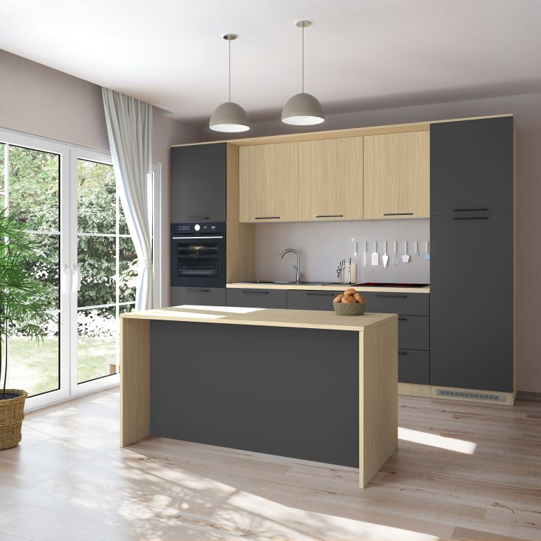 Isola da Cucina Marrone Rovere Nero Antracite 2 Ripiani 4 Vani 170x80x90h cm, 3 Ante Made in Italy - Mapalesi