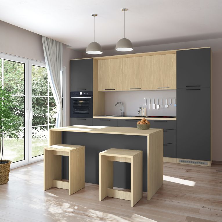 Isola da Cucina Marrone Rovere Nero Antracite 2 Ripiani 4 Vani 170x80x90h cm, 3 Ante Made in Italy - Mapalesi