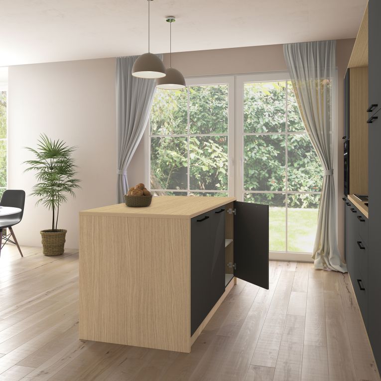 Isola da Cucina Marrone Rovere Nero Antracite 2 Ripiani 4 Vani 170x80x90h cm, 3 Ante Made in Italy - Mapalesi