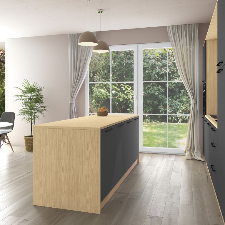 Isola da Cucina Marrone Rovere Nero Antracite 2 Ripiani 4 Vani 225x80x90h cm, 4 Ante Made in Italy - Mapana