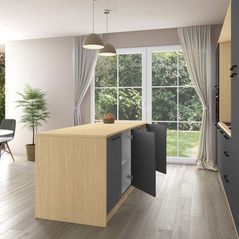 Isola da Cucina Marrone Rovere Nero Antracite 2 Ripiani 4 Vani 225x80x90h cm, 4 Ante Made in Italy - Mapana