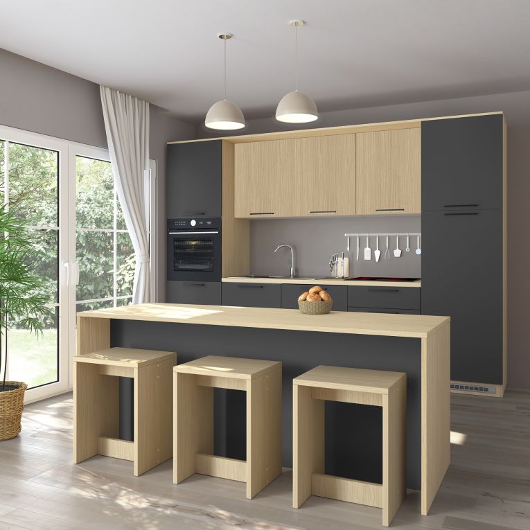 Isola da Cucina Marrone Rovere Nero Antracite 2 Ripiani 4 Vani 225x80x90h cm, 4 Ante Made in Italy - Mapana