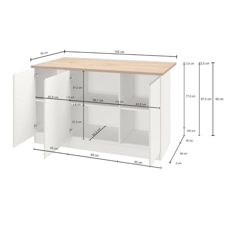 Isola per cucina moderna 155x90x90h cm bianca lucida e ardesia - Tartaro