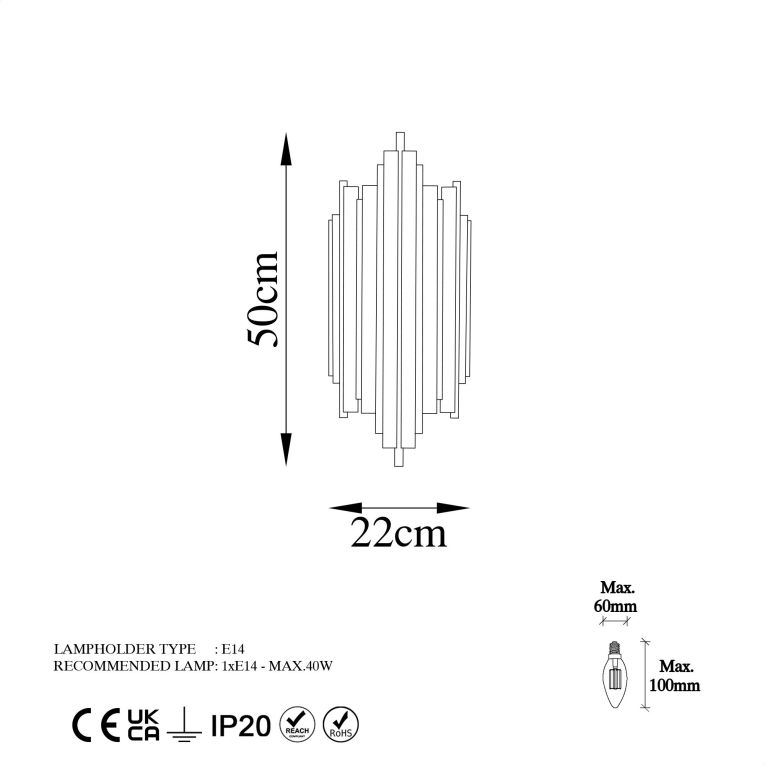 Lampada da Parete oro Attacco e 14 max 40 w Indoor, Materiale Aplique in Metallo - Ceranova