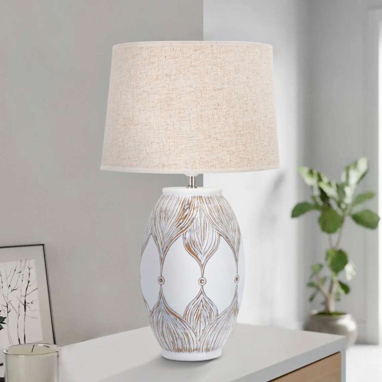 Lampada da Tavolo Bianco Beige Necessaria 1 Lampadina Attacco e27, Paralume - Batabaga