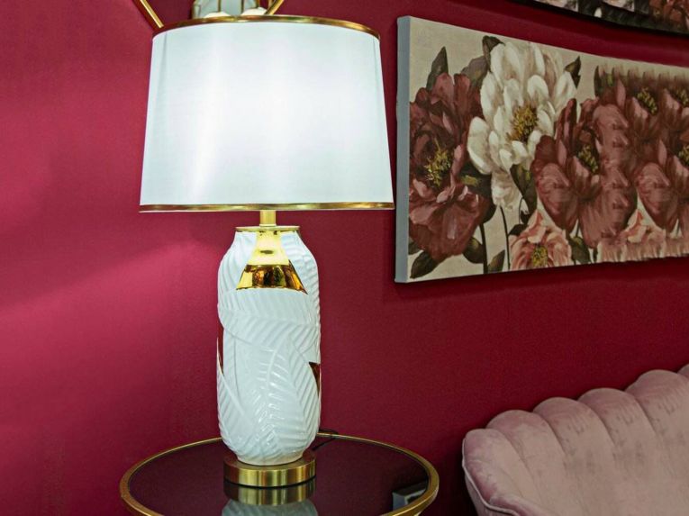 Lampada da tavolo Trompe, 40x40 h70 cm, Bianco e Oro