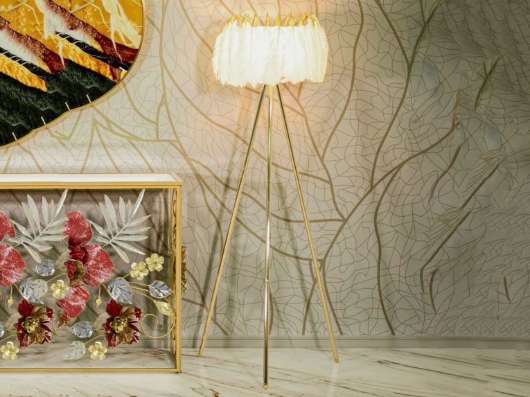 Lampada da terra Millefleur, 46x46 h147 cm, Bianco e Oro