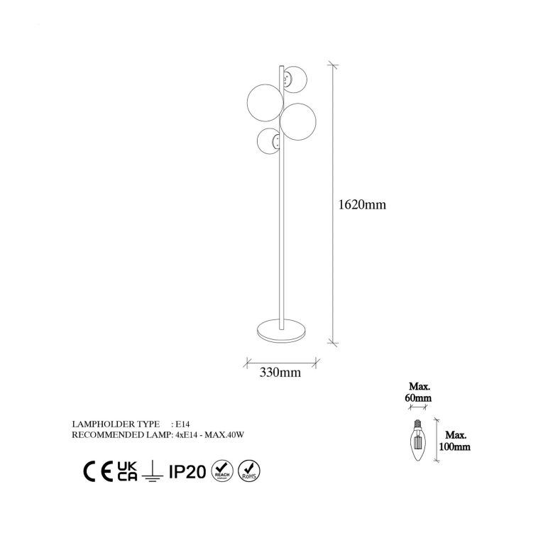 Lampada da Terra oro Bianco Paralume Attacco e 14 max 40 w, Interruttore Connessione Diretta - Mannelli