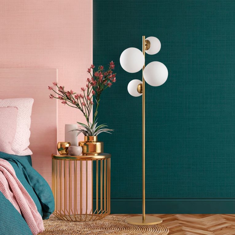 Lampada da Terra oro Bianco Paralume Attacco e 14 max 40 w, Interruttore Connessione Diretta - Mannelli