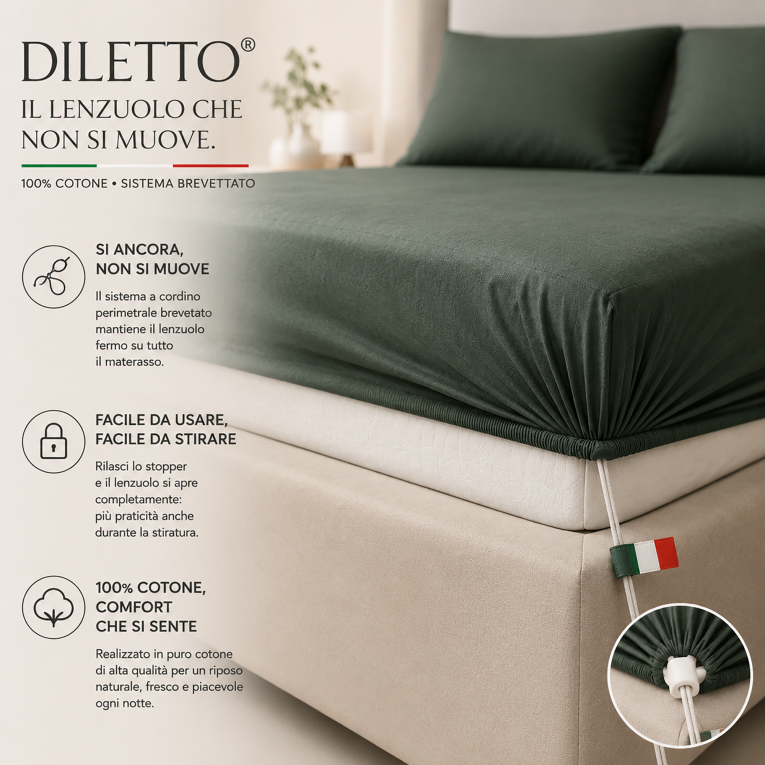 Lenzuolo Piazza e Mezza Viola Lilla Cenere Sistema di Fissaggio Brevettato Antiscivolo, Cordini Regolabili con Clip di Tensione - Diletto Luxury