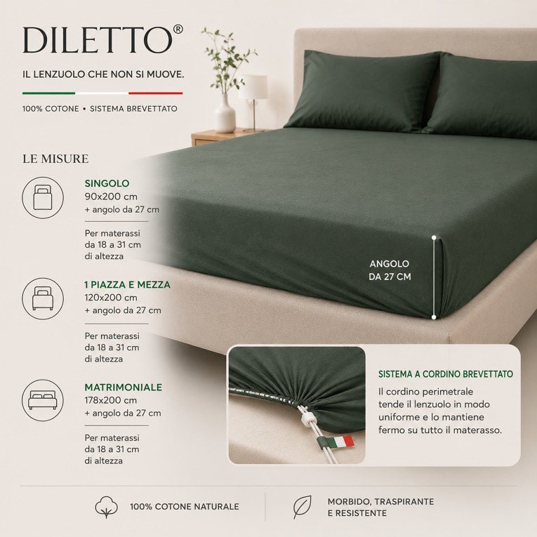 Lenzuolo Piazza e Mezza Viola Lilla Cenere Sistema di Fissaggio Brevettato Antiscivolo, Cordini Regolabili con Clip di Tensione - Diletto Luxury