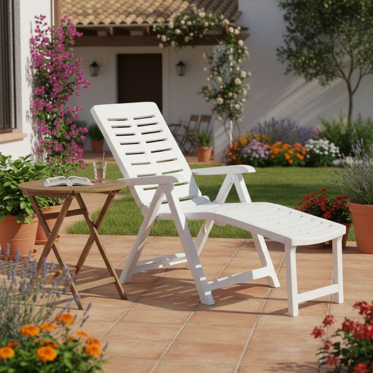 Lettino Prendisole Bianco Pieghevole con Poggiapiedi Peso Supportato 120 kg 60x60x109h cm, Schienale Regolabile Made in Italy - Henagar