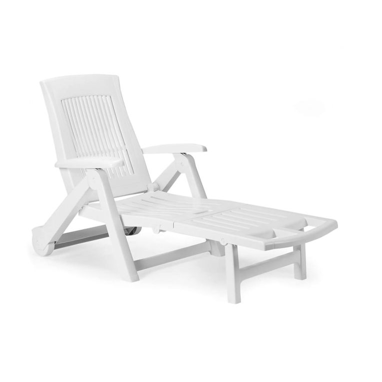 Lettino prendisole Livorno, Sdraio da giardino regolabile con ruote, Lettino da esterno, 100 % Made in Italy, Cm 195x72h101, Bianco