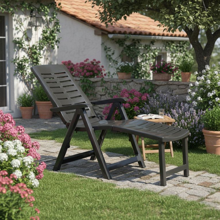 Lettino Prendisole Nero Antracite Pieghevole con Poggiapiedi Peso Supportato 120 kg 60x60x109h cm, Schienale Regolabile Made in Italy - Townley