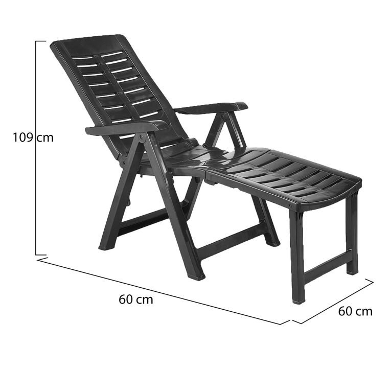 Lettino Prendisole Nero Antracite Pieghevole con Poggiapiedi Peso Supportato 120 kg 60x60x109h cm, Schienale Regolabile Made in Italy - Townley