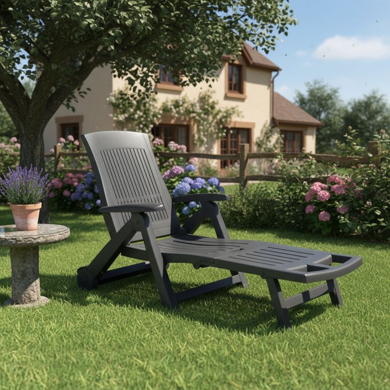 Lettino Prendisole Nero Antracite Ruote Pieghevole 195x72x101h cm, Peso Supportato 120 kg Made in Italy - Adam