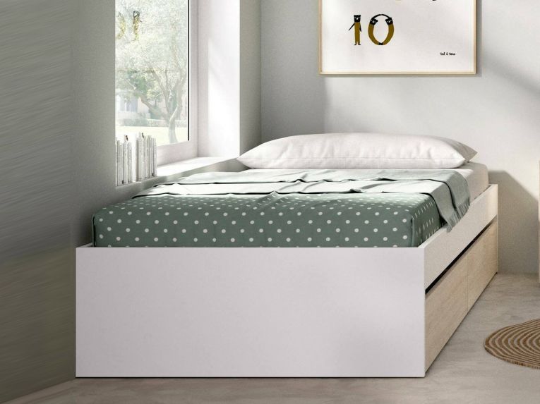 Letto 1 piazza moderno bianco e rovere 194x95cm adatto per materasso 90x190 cm - Neki
