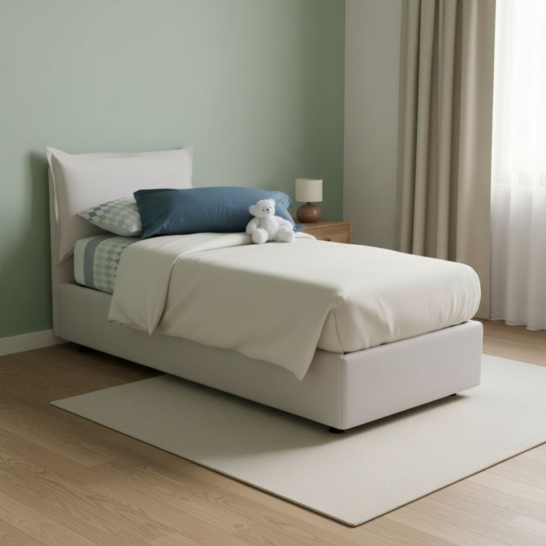 Letto 1 posto contenitore bianco 95x205cm rivestimento in ecopelle - Alzavola