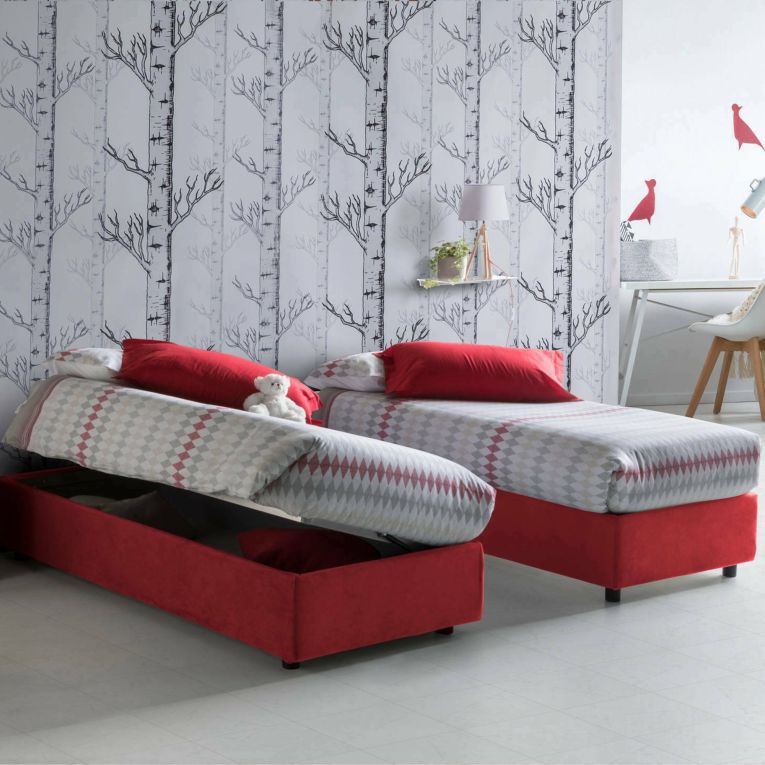 Letto 1 posto contenitore rosso 95x205cm rivestito in tessuto - Abbi