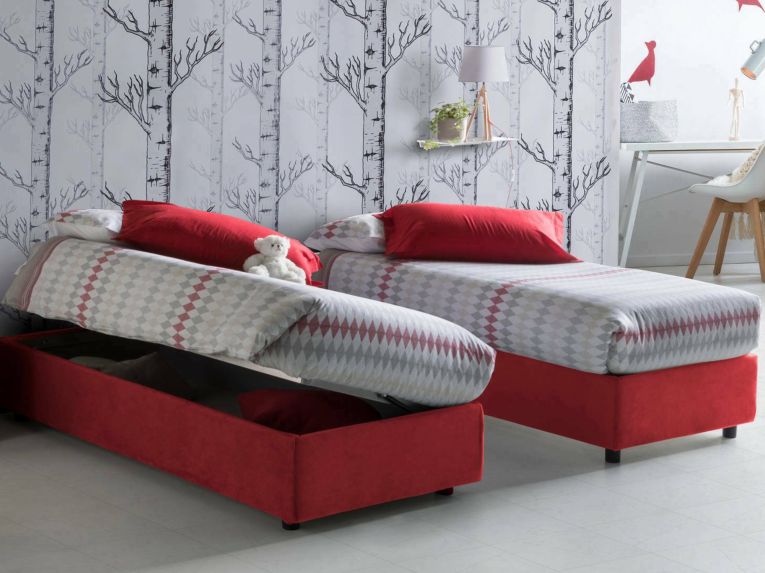 Letto 1 posto contenitore rosso 95x205cm rivestito in tessuto - Abbi