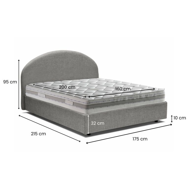 Letto 2 piazze contenitore grigio 175x215cm testiera tonda - Melanite