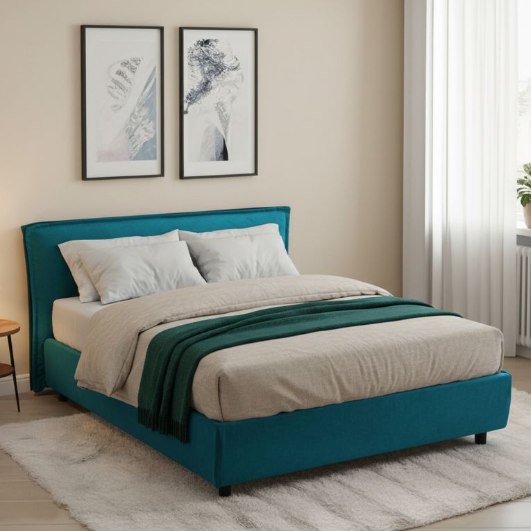Letto Alla Francese Azzurro Materasso Incluso Sfoderabile, Contenitore Made in Italy - Brienza