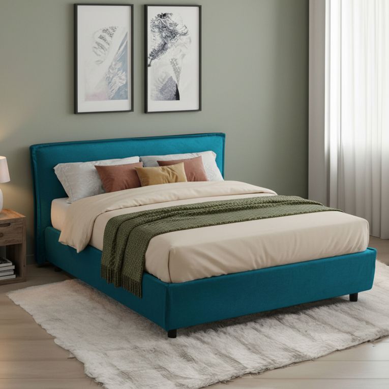 Letto Alla Francese Azzurro Sfoderabile Contenitore, Dimensione Materasso 120x200 cm Made in Italy - Brosso