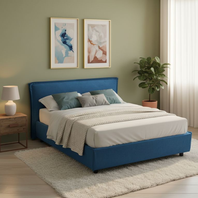 Letto Alla Francese blu Materasso Incluso Sfoderabile, Contenitore Made in Italy - Brienza