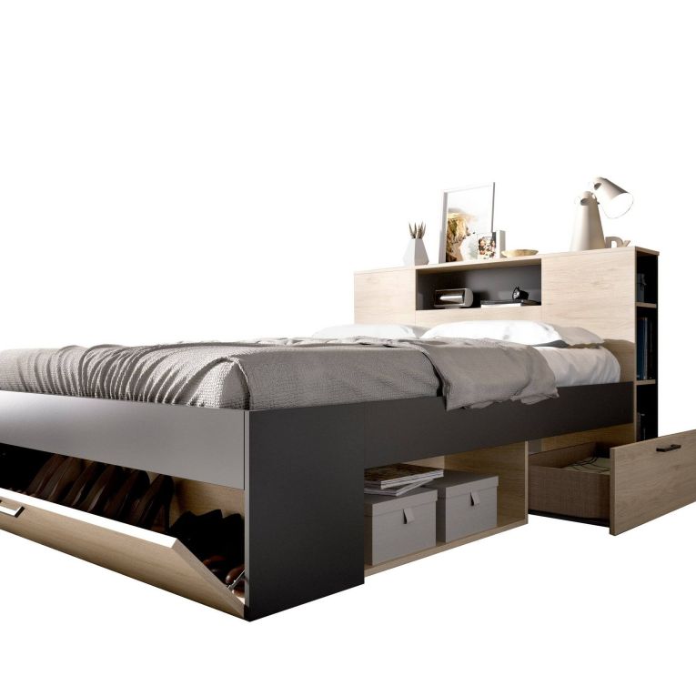 Letto alla francese Fariola, Sommier per camera da letto, Giroletto per stanza, Struttura porta materasso, 150x219 h95 cm, Antracite e Rovere