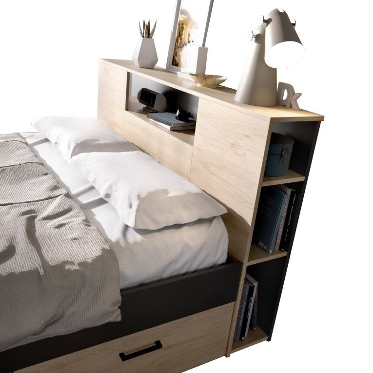 Letto alla francese Fariola, Sommier per camera da letto, Giroletto per stanza, Struttura porta materasso, 150x219 h95 cm, Antracite e Rovere