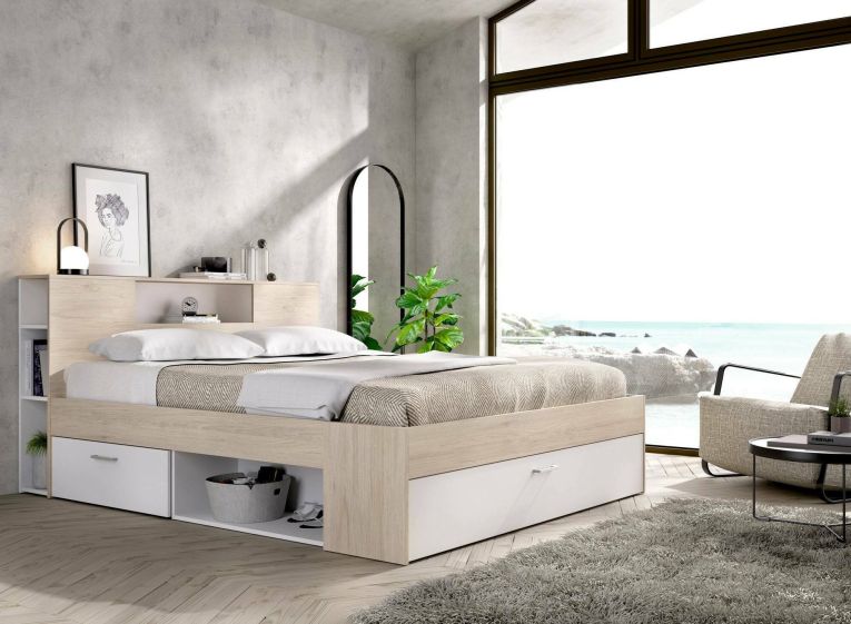 Letto alla francese Fariola, Sommier per camera da letto, Giroletto per stanza, Struttura porta materasso, 150x219 h95 cm, Bianco e Rovere