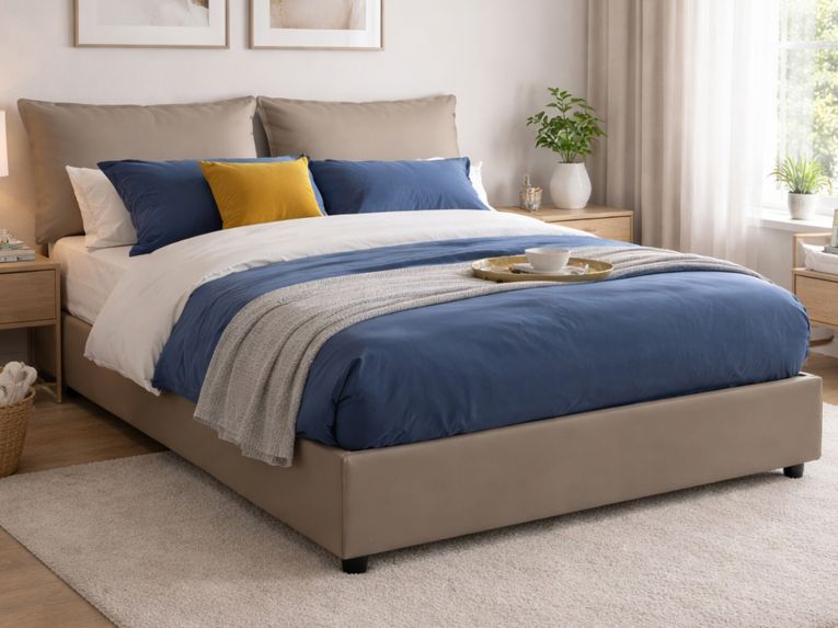 Letto alla francese in ecopelle tortora 155x205cm - Arzillo