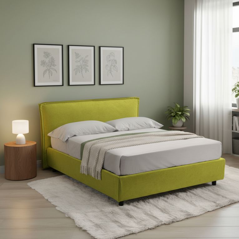 Letto Alla Francese Verde Sfoderabile Contenitore, Dimensione Materasso 120x200 cm Made in Italy - Brosso