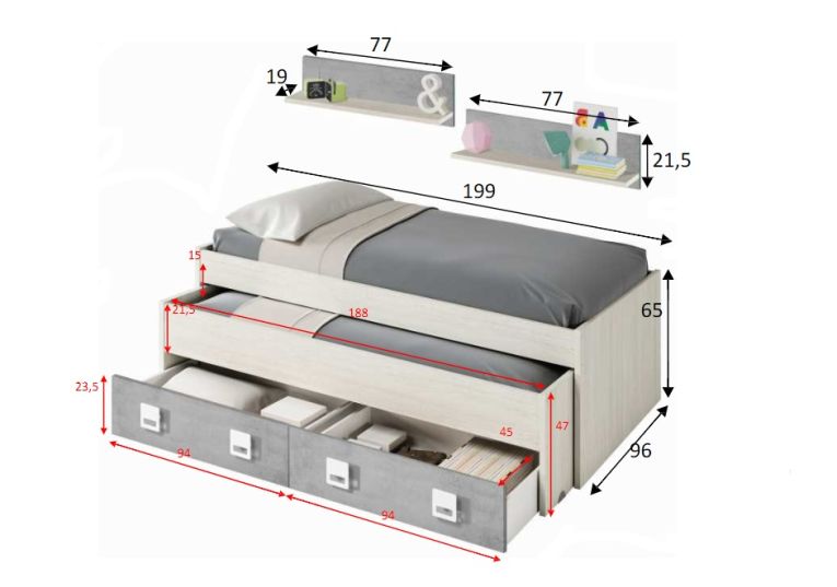 Letto bambini 199x96cm bianco e cemento - Balzola