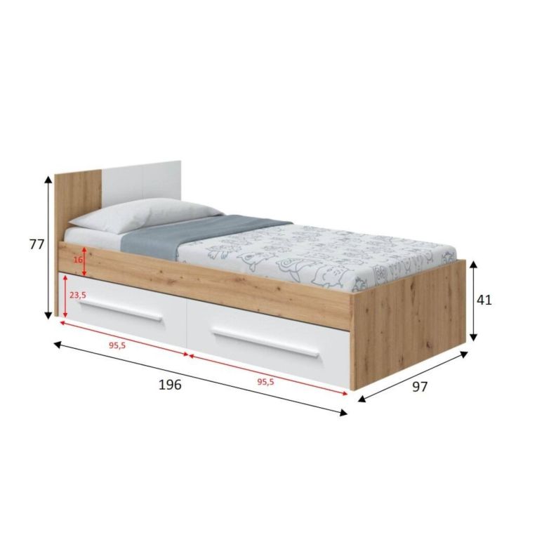 Letto bambini 2 cassetti contenitori 196x97cm rovere nodi e bianco - Azalia