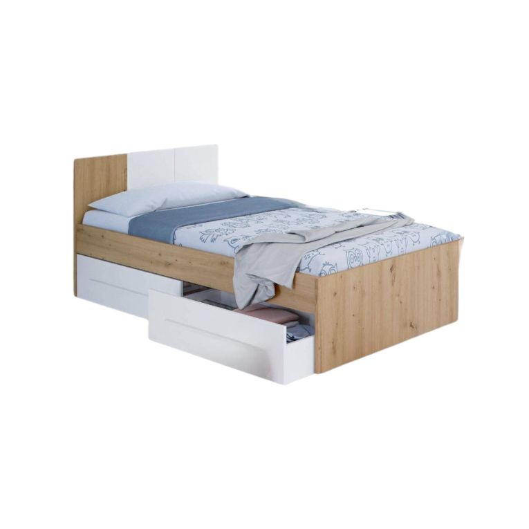 Letto bambini 2 cassetti contenitori 196x97cm rovere nodi e bianco - Azalia